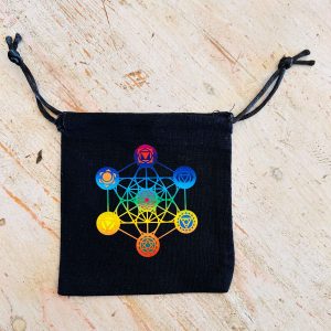 Bourse cube de Metatron et chakras couleurs en coton noir - 11.5 x 10 cm - Boutique La Porte des Secrets