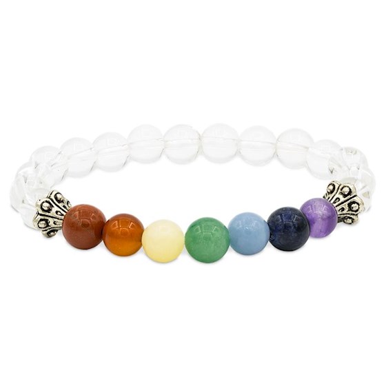 Bracelet cristal de roche et 7 chakras en perles 8mm - boutique La Porte des Secrets
