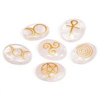 Wicca- 6 Symboles gravé sue du Cristal de Roche, palets forme ovale - boutique ésotérique La Porte des Secrets