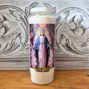 Bougie Neuvaine vitrail Vierge Marie 100h avec prière boutique La Porte des Secrets