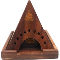 Porte encens pyramide en bois et Bouddha laiton - Boutique ésotérique La Porte des Secrets