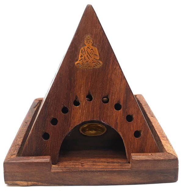 Porte encens pyramide en bois et Bouddha laiton - Boutique ésotérique La Porte des Secrets