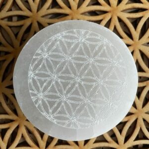 Disque Sélénite blanche 6 cm gravé fleur de vie - Boutique La Porte des Secrets