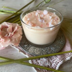 Bougie minéraux Paix des Anges -Quartz rose, Huile essentielle Ylang-Ylang, cire travailler à la main