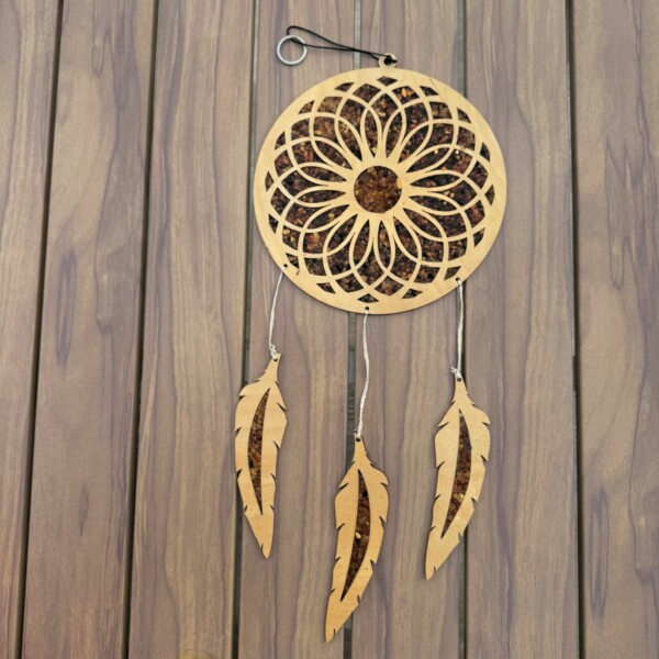 Capteur de rêve Fleur de Vie,(dreamcatcher, dream catcher) en ambre véritable - diamètre 21 cm, hauteur 42 cm. Boutique La Porte des Secrets