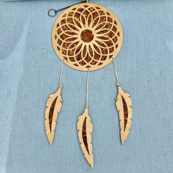 Capteur de rêve (dreamcatcher, dream catcher) en ambre véritable - diamètre 20 cm, hauteur 42 cm. Boutique La Porte des Secrets