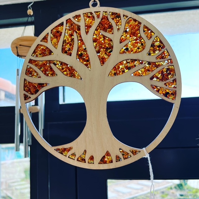 Attrape-soleil ambre et bois arbre de vie décoration naturelle - Escale  Sensorielle