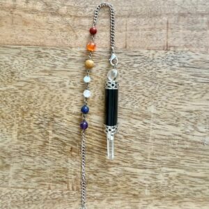 Pendule baguette ou baguette de soin énergétique en tourmaline noire, sphère et pointe en cristal de roche - longueur 9 cm. Boutique ésotérique La Porte des Secrets