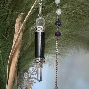 Pendule baguette ou baguette de soin énergétique en tourmaline noire, sphère et pointe en cristal de roche - longueur 9 cm. Boutique ésotérique La Porte des Secrets