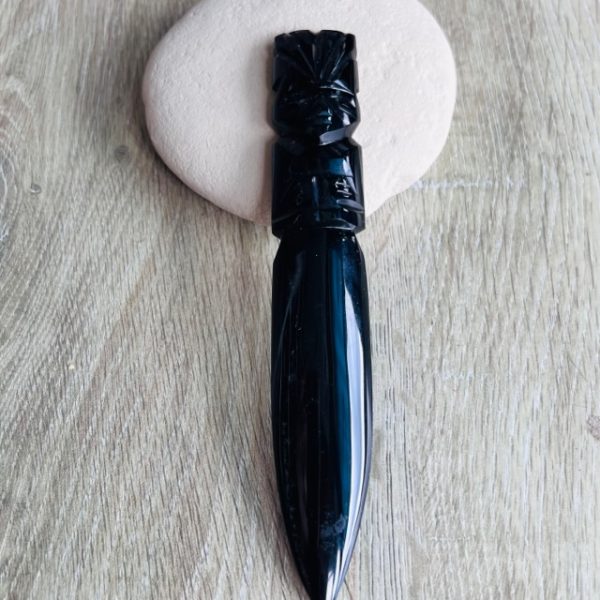 Dague aztèque en obsidienne argentée du Mexique, 16 cm - Boutique La Porte des Secrets