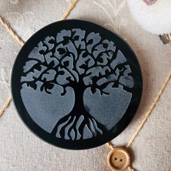 Miroir noir Mexique, gravé arbre de vie 10 cm - Boutique La Porte des Secrets