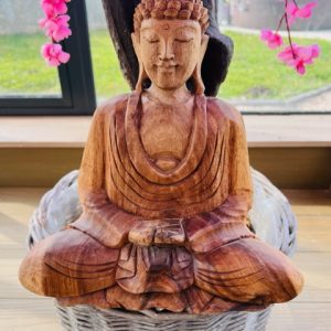 Bouddha artisanal sculpté en bois massif artisanal 30 cm 2.500kg - Boutique ésotérique La Porte des Secrets