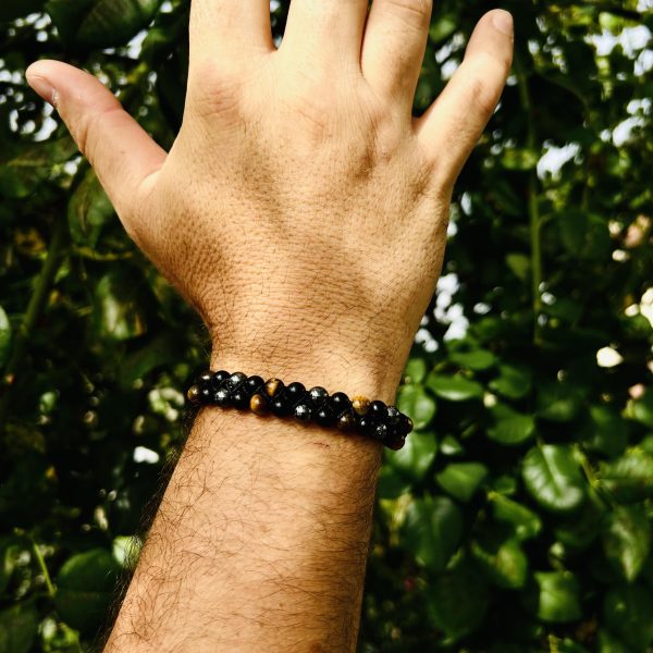 Bracelet doble tressage et réglage hématite/obsidienne/oeil de tigre - perle 6mm - Boutique La Porte des Secrets