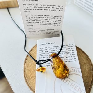 Ambre cognac et miel magnifique, collier cuir noir - Boutique de pierre et minéraux La Porte des Secrets