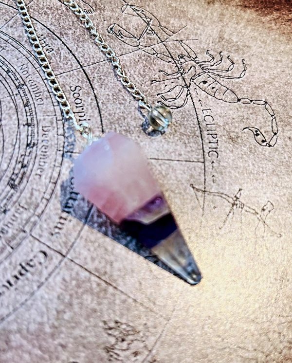 Pendule Quartz rose Améthyste et Cristal de roche cône - 6 facettes chaîne métal argenté - Boutique ésotérique La Porte des Secrets