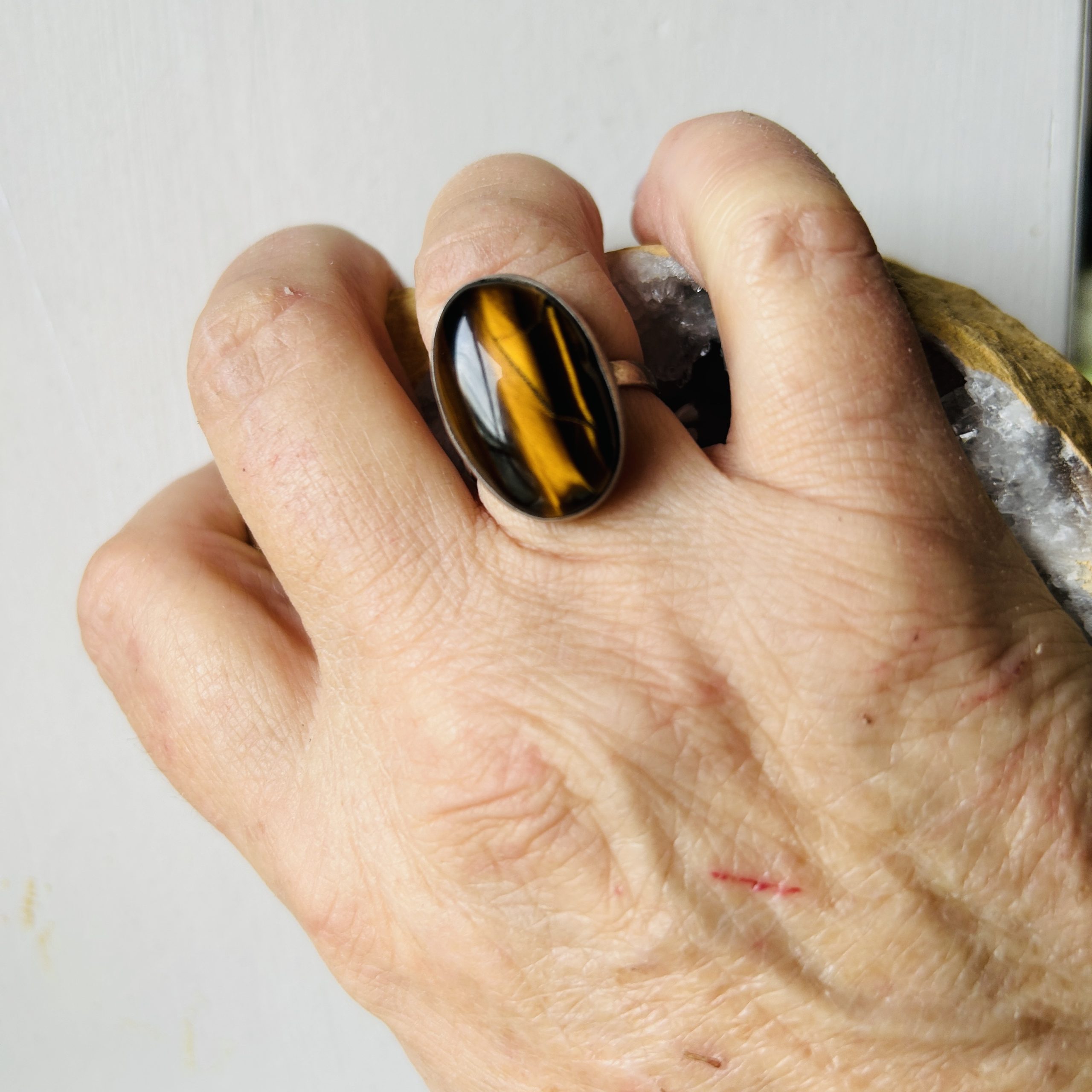 Bague œil de tigre sur argent alpaca Mexique taille réglable du 52