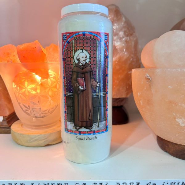 Neuvaine bougie vitrail Saint Benoît avec prière durée 100h boutique ésotérique La Porte des Secrets