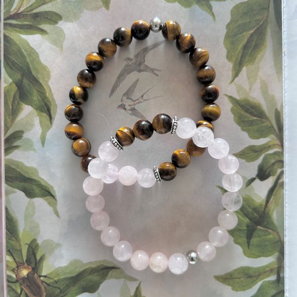 Bracelets de l'Amitié du cœur œil de tigre et quartz rose - perles 8mm boutique de minéraux La Porte des Secrets