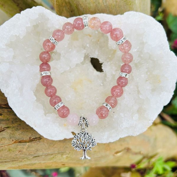 Bracelet arbre de vie en quartz fraise et quartz rose perles 8mm boutique La Porte des Secrets