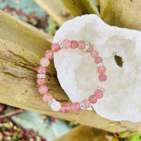 Quartz rose et quartz groseille bracelet strass et perles 8mm - Boutique La Porte des Secrets