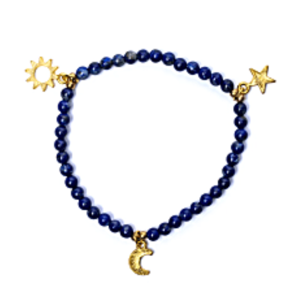 Bracelet en Lapis-Lazuli - breloques étoile/lune/soleil - boutique La Porte des Secrets