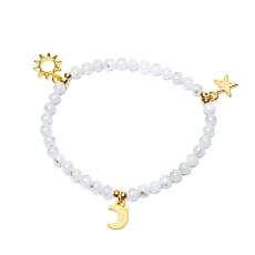 Bracelet Planète pierre de lune 4mm - Breloque Lune, étoile et soleil monté sur un fil élastique - boutique La Porte des Secrets