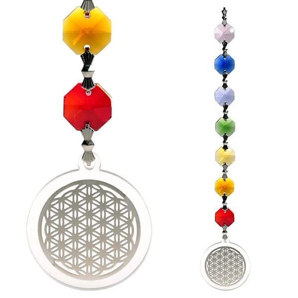 Suspension solaire fleur de Vie argent dans orgonite et cristaux 7 chakras - Boutique ésotérique La Porte des Secrets