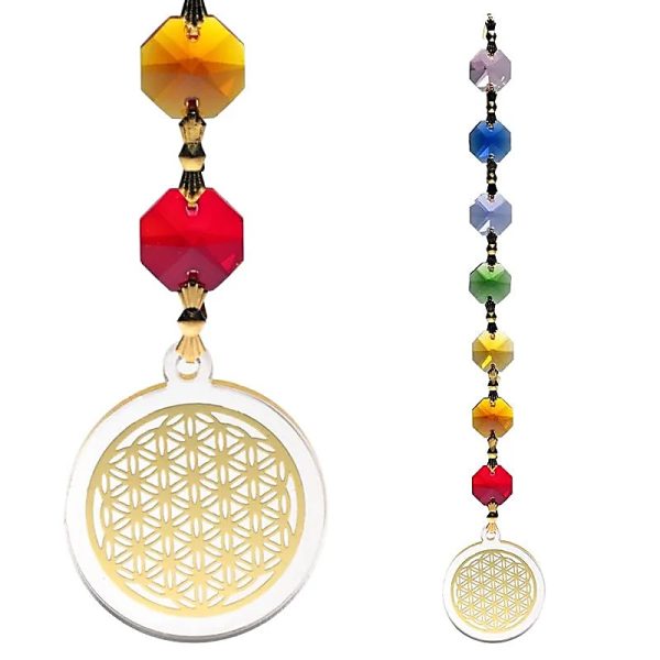 Suspension solaire fleur de Vie couleur or dans orgonite et cristaux octogonaux facettés 7 chakras - Boutique ésotérique La Porte des Secrets