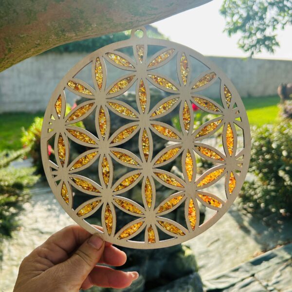Ambre sur disque de rechargement Fleur de Vie. Ambre 20 cm de Pologne véritable - Fait main, artisanat de Pologne. Boutique La Porte des Secrets