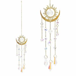 Attrape soleil avec un soleil et demi lune Beau crstal arc-en-ciel au centre avec des cristaux. Hauteur 44 cm. Boutique ésotérique La Porte des Secrets