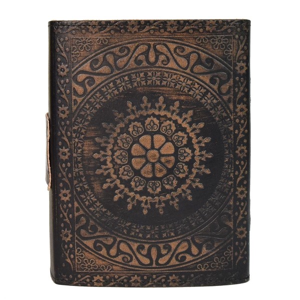 Grimoire en cuir gravé et obsidienne noire naturelle, pages en parchemin artisanal. 18X14x7 cm, pages antiques vierges.. verso gravé de fleurs. Boutique ésotérique La Porte des Secrets