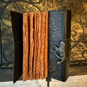 Grimoire en cuir gravé et obsidienne noire naturelle, pages en parchemin artisanal. 18X14 cm, pages antiques vierges.. Boutique ésotérique La Porte des Secrets