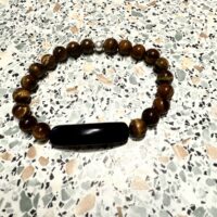 Bracelet artisanal oeil de tigre perle 8mm et perle tube obsidienne noire