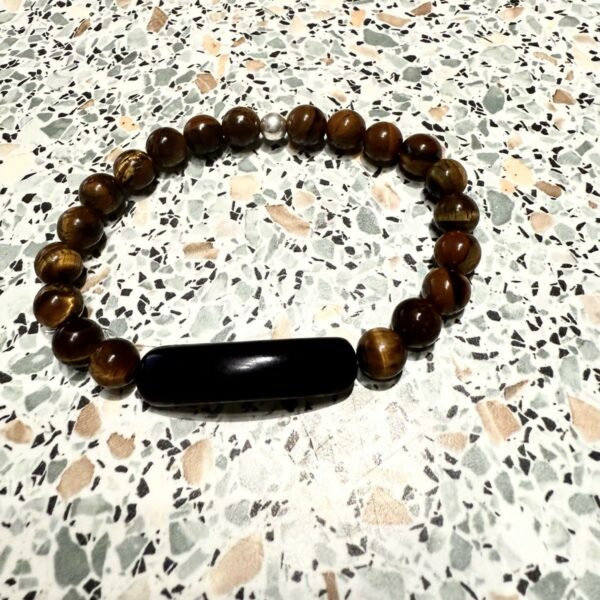 Bracelet artisanal oeil de tigre perle 8mm et perle tube obsidienne noire