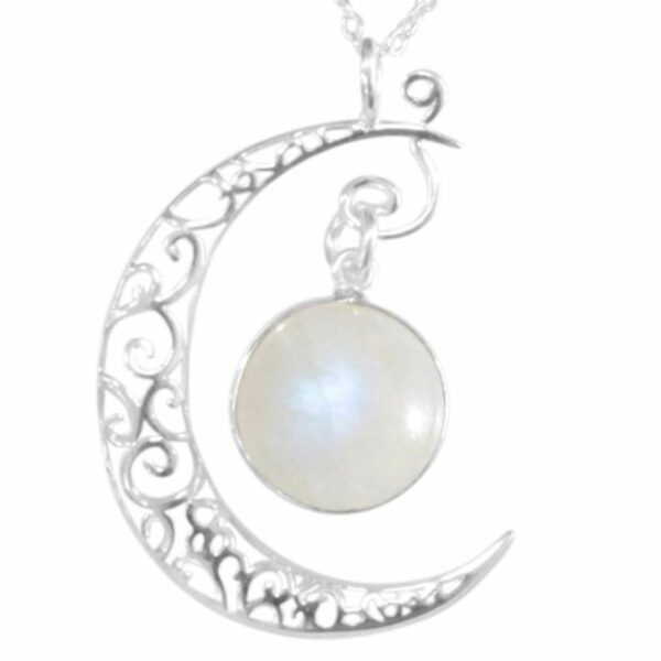 Pendentif croissant de lune en argent 925 et Pierre de Lune bleue sertie. Dimension de la pierre : environ 1.2 cm. Boutique de Minéraux La Porte des Secrets
