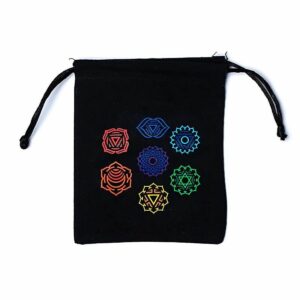 Pochette en Coton Noir avec 7 Symboles Chakras – Protection et Énergie. Boutique La Porte des Secrets