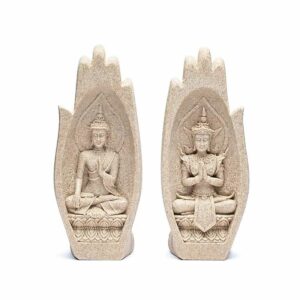 Statue Namaste Mudra Mains avec Bouddhas couleur sable hauteur 21 cm. Boutique La Porte des Secrets
