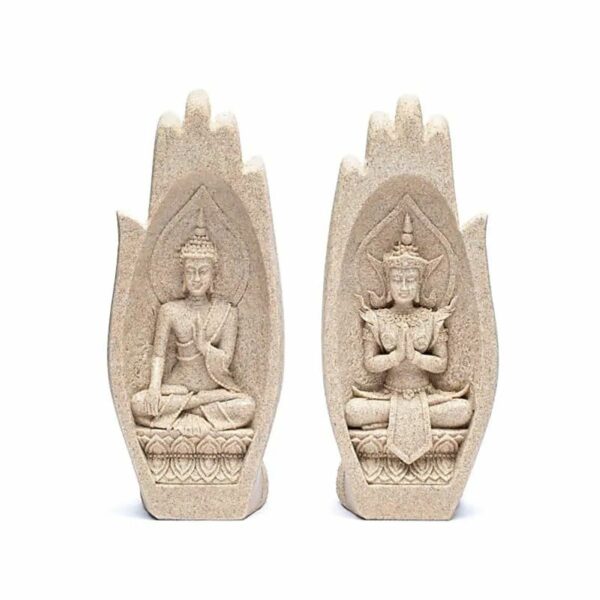 Statue Namaste Mudra Mains avec Bouddhas couleur sable hauteur 21 cm. Boutique La Porte des Secrets