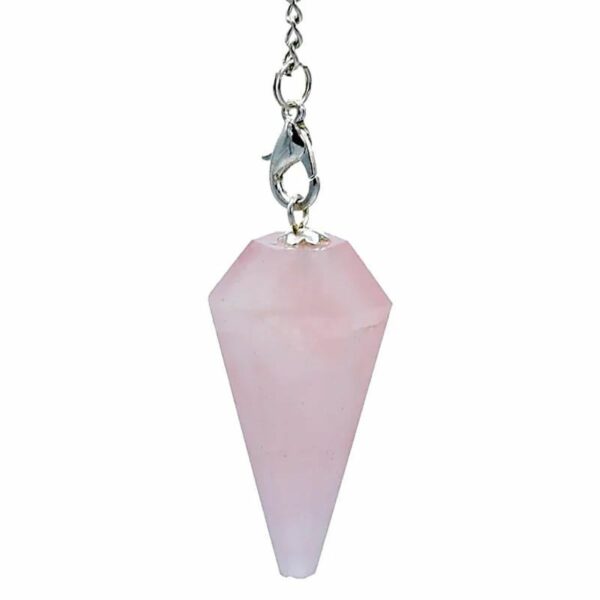 pendule cône facetté en quartz rose et coeur - chaine 7 chakras. Boutique La Porte des Secrets