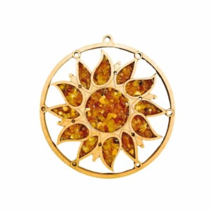Plaque de rechargement et décoration soleil en bouleau et ambre, diamètre 11 cm. Boutique La Porte des Secrets