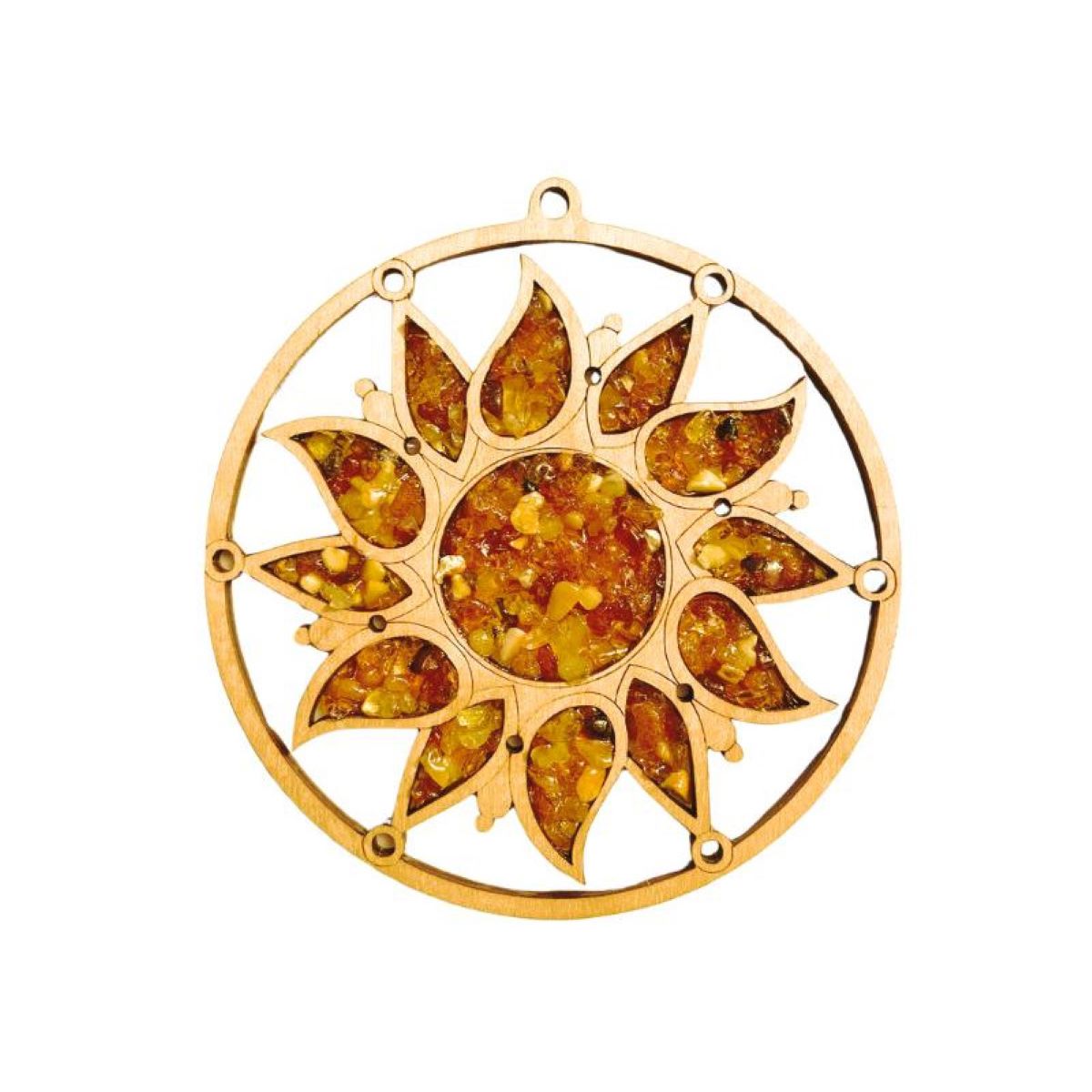 Plaque de rechargement Soleil en Ambre naturelle & bois bouleau 11cm – Suspension artisanat de Pologne